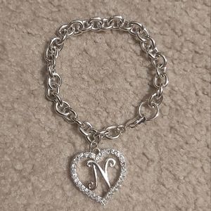 Silver Tone Heart With Inital "N" Chain Link Bracelet